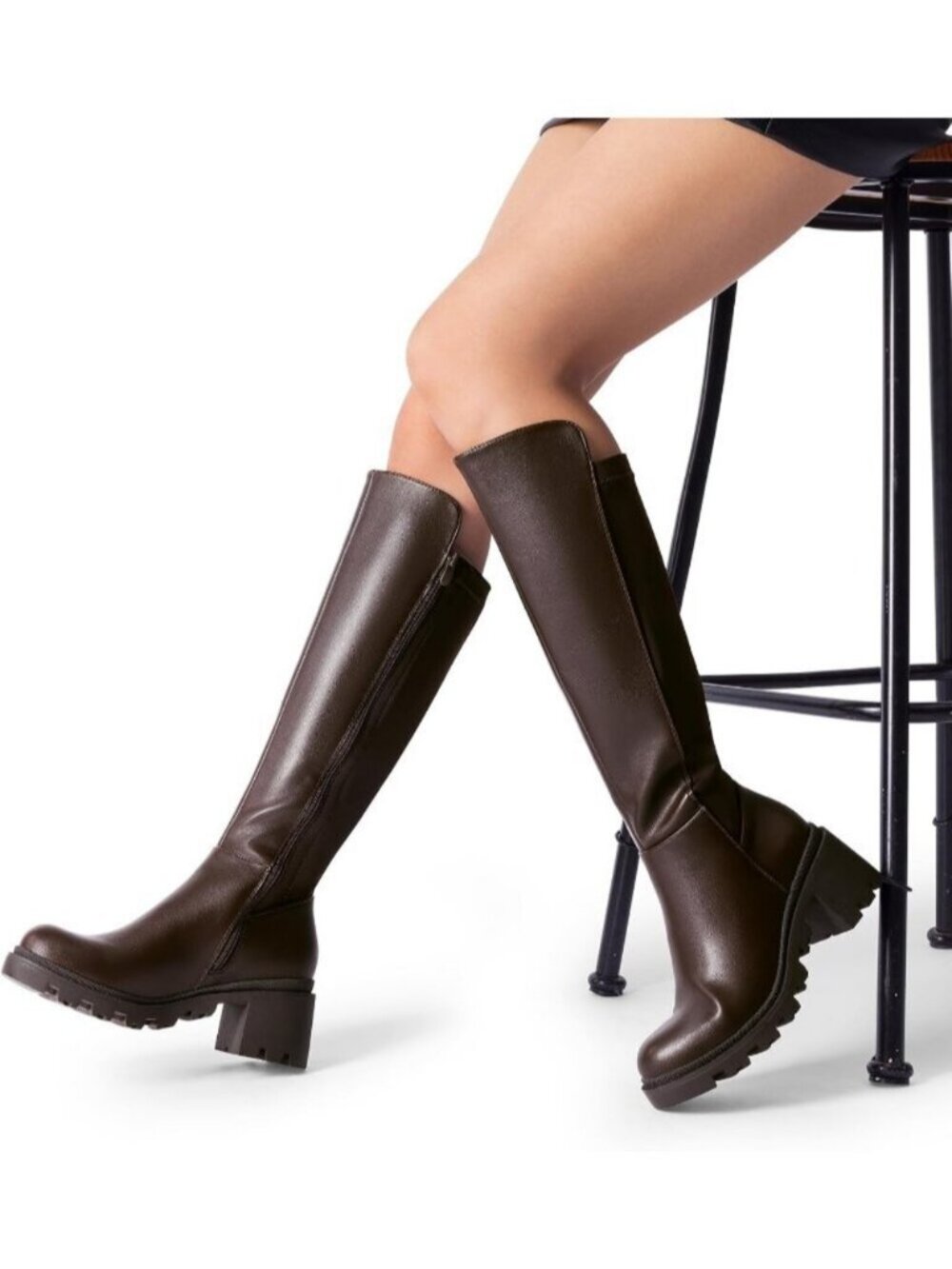 DREAM PAIRS Women's Brown-pu Knee High Platform Chunky Boots Round Toe Side Zip - Picture 2 of 6